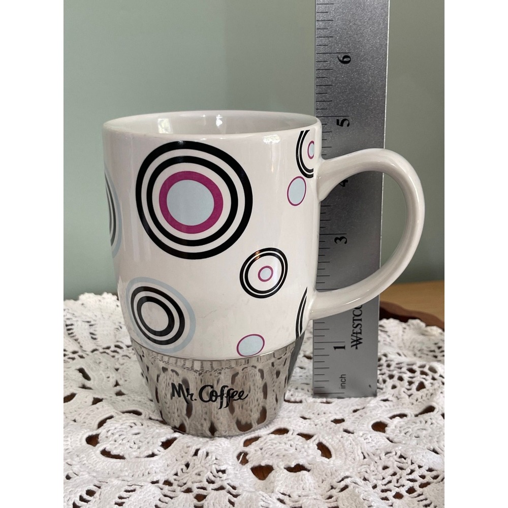 Mr. Coffee Mug Cup White Retro Circles Ceramic Stainless Steel 5 inch